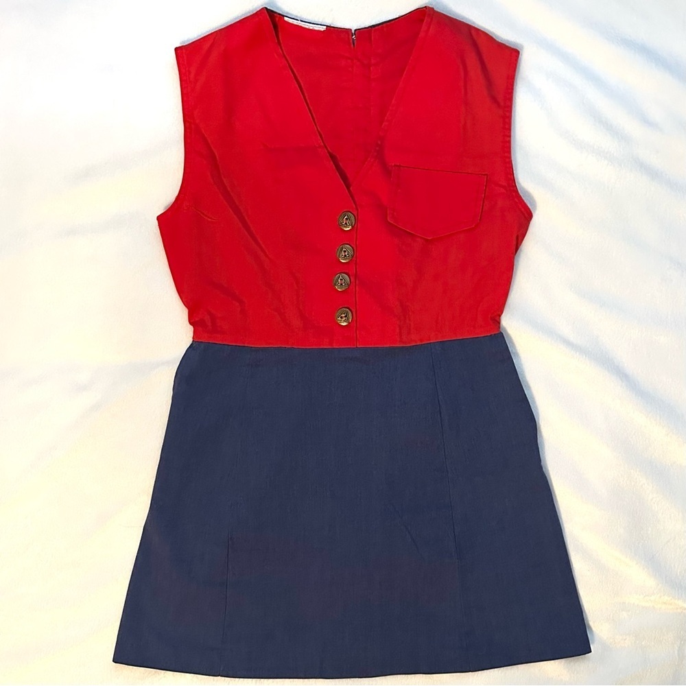 Vintage Sleeveless V-neck Red & Navy Blue Button front Girls Dress 6/7 no brand